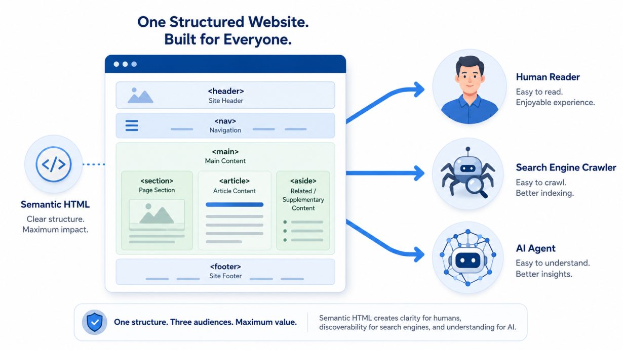 A conceptual diagram showing a single, well-structured website serving as the source of truth for humans, search engines, and AI agents simultaneously.