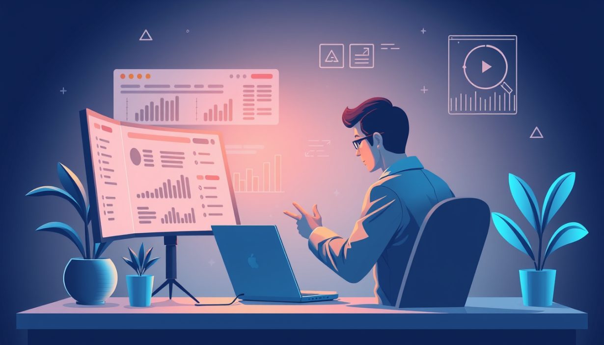 A professional content strategist reviewing video performance metrics on a clean, modern dashboard