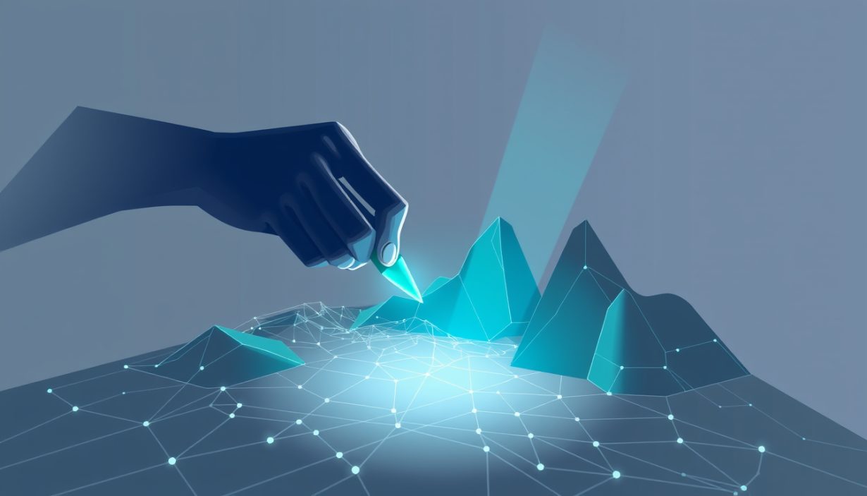 A conceptual illustration of a human hand guiding an AI-generated digital landscape, representing editorial oversight