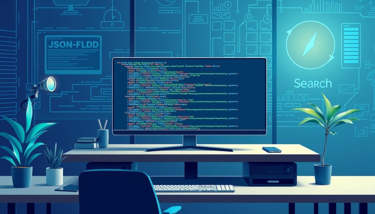 A clean, minimalist workspace showing a developer reviewing structured data code on a monitor.