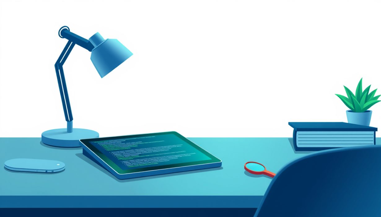 A clean, modern workspace showing a tablet displaying structured data code next to a set of professional trade tools.
