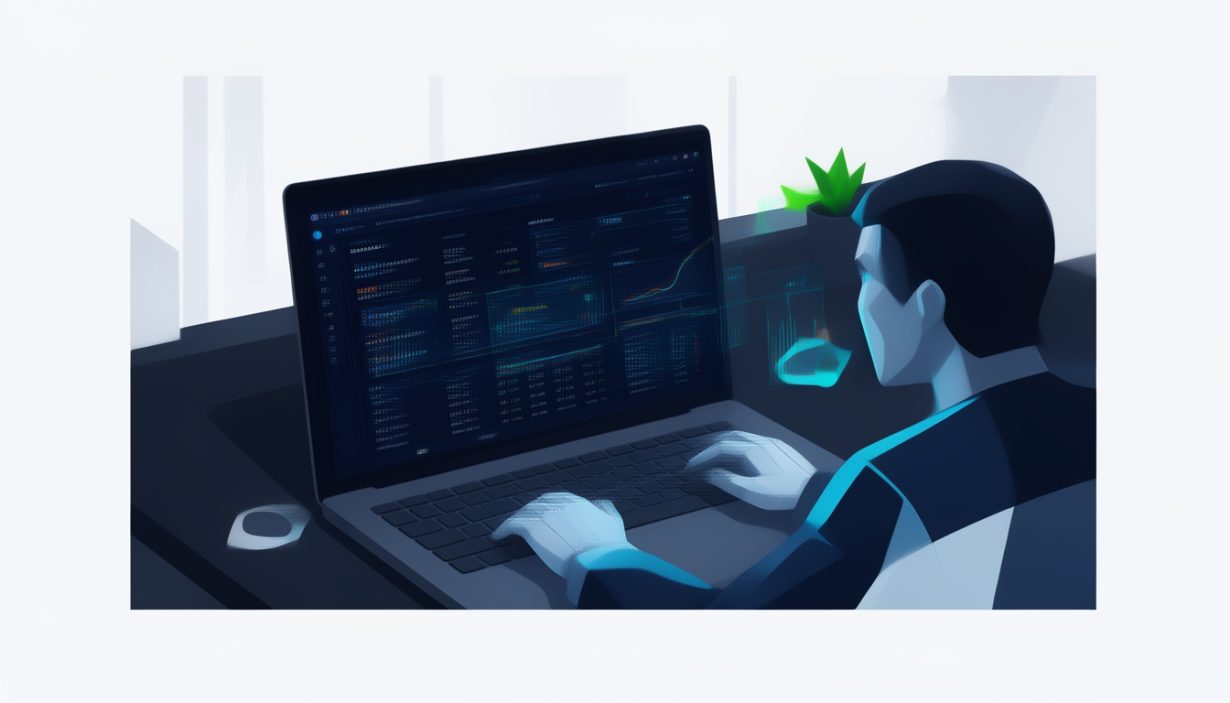 A professional SEO auditor reviewing server log files on a laptop screen