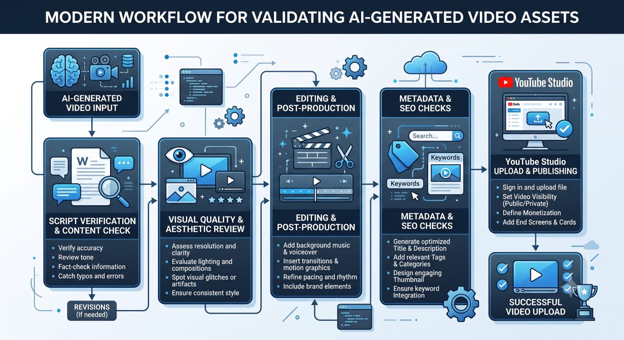 A technical workflow diagram showing how to validate AI-generated video assets before uploading to YouTube Studio.