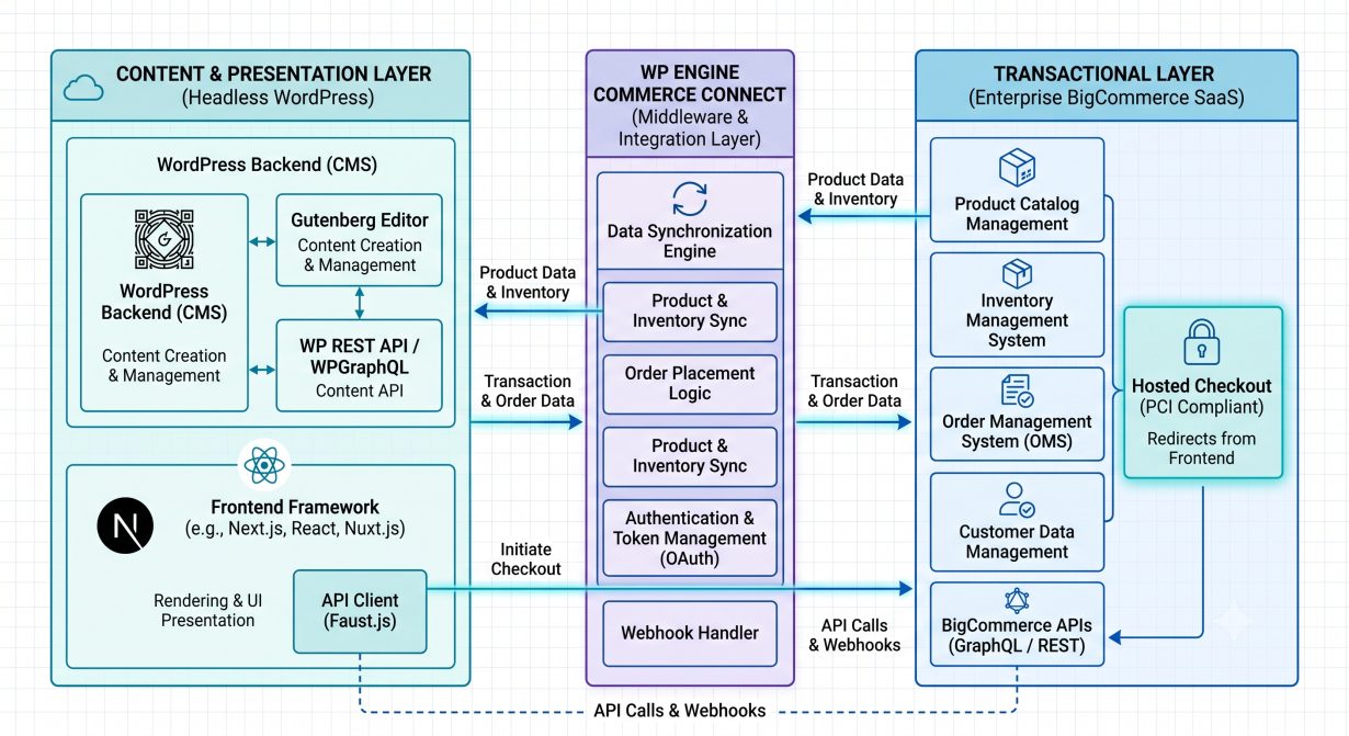 Technical architecture diagram showing WP Engine Commerce Connect linking WordPress frontend to BigCommerce backend API