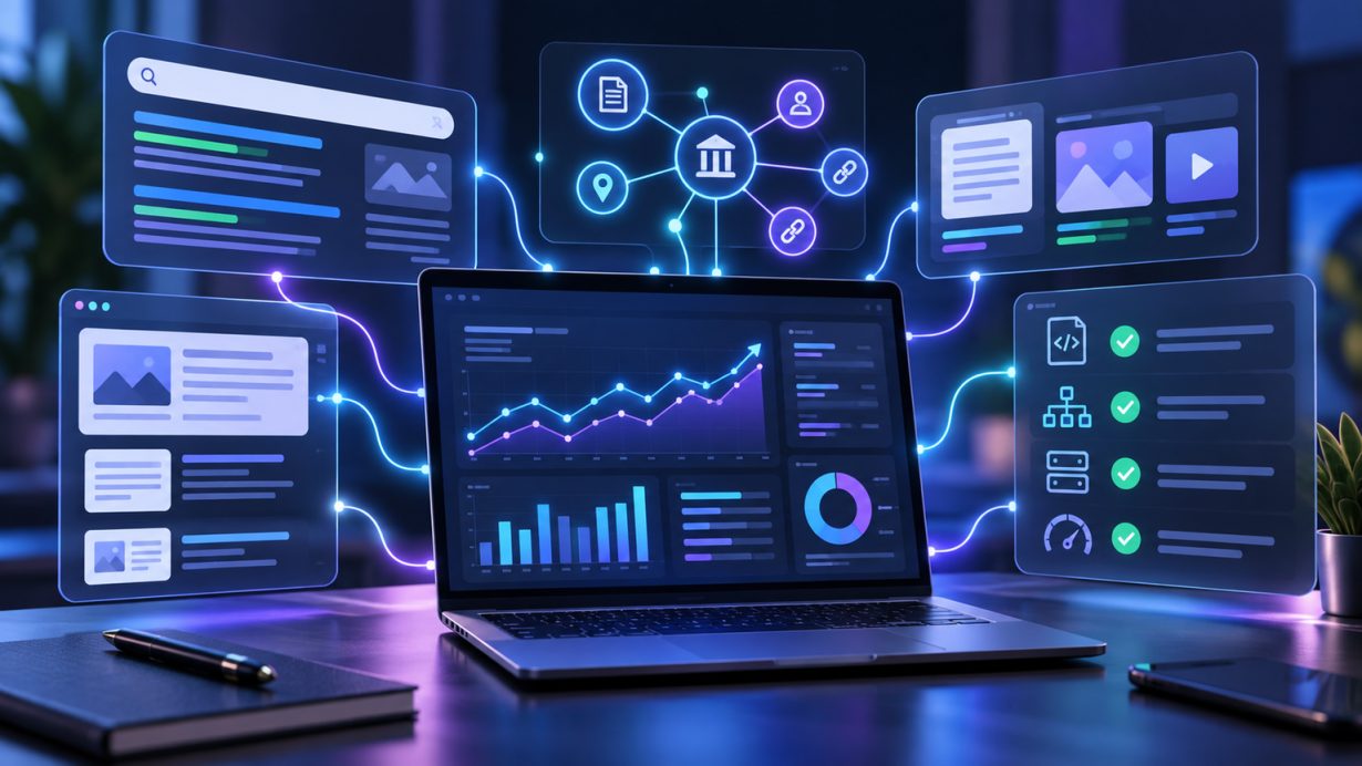 Futuristic SEO and AI search measurement dashboard with technical, content and authority signals