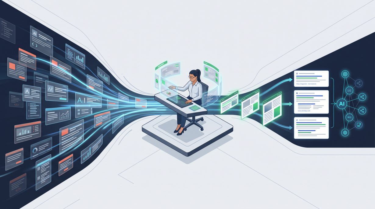 AI-assisted content flowing through human editorial review before reaching search and AI discovery