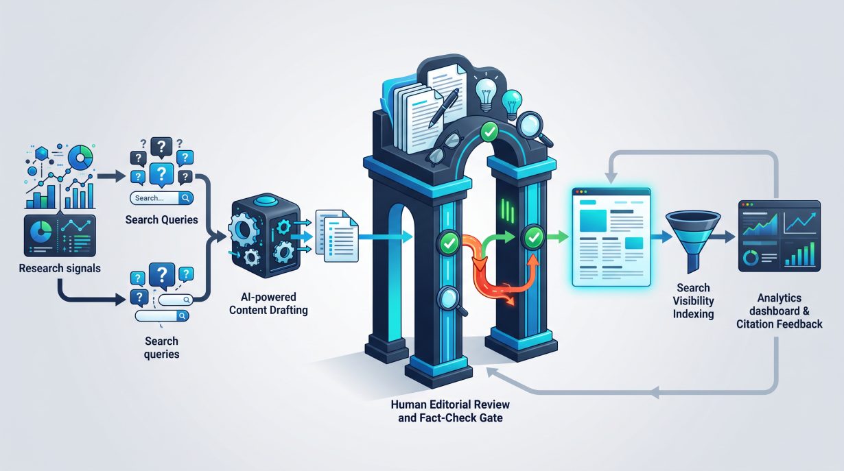 Human-in-the-loop AI content workflow from research and drafting through editorial approval, publishing and measurement
