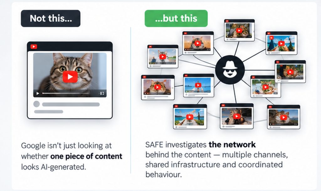 Concept illustration contrasting a useful AI-assisted website with a coordinated automated content farm