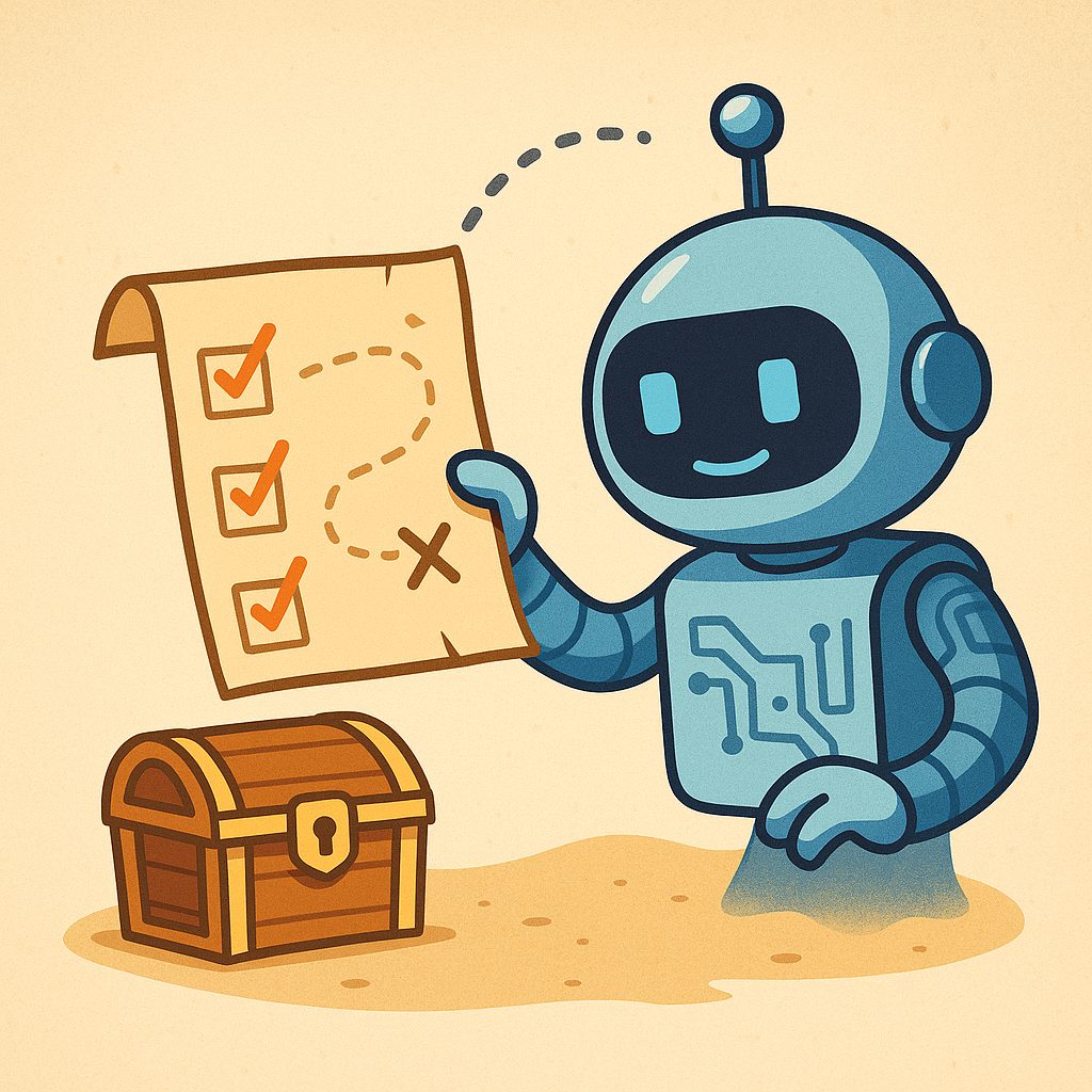 Illustration: AI following a map to a treasure chest