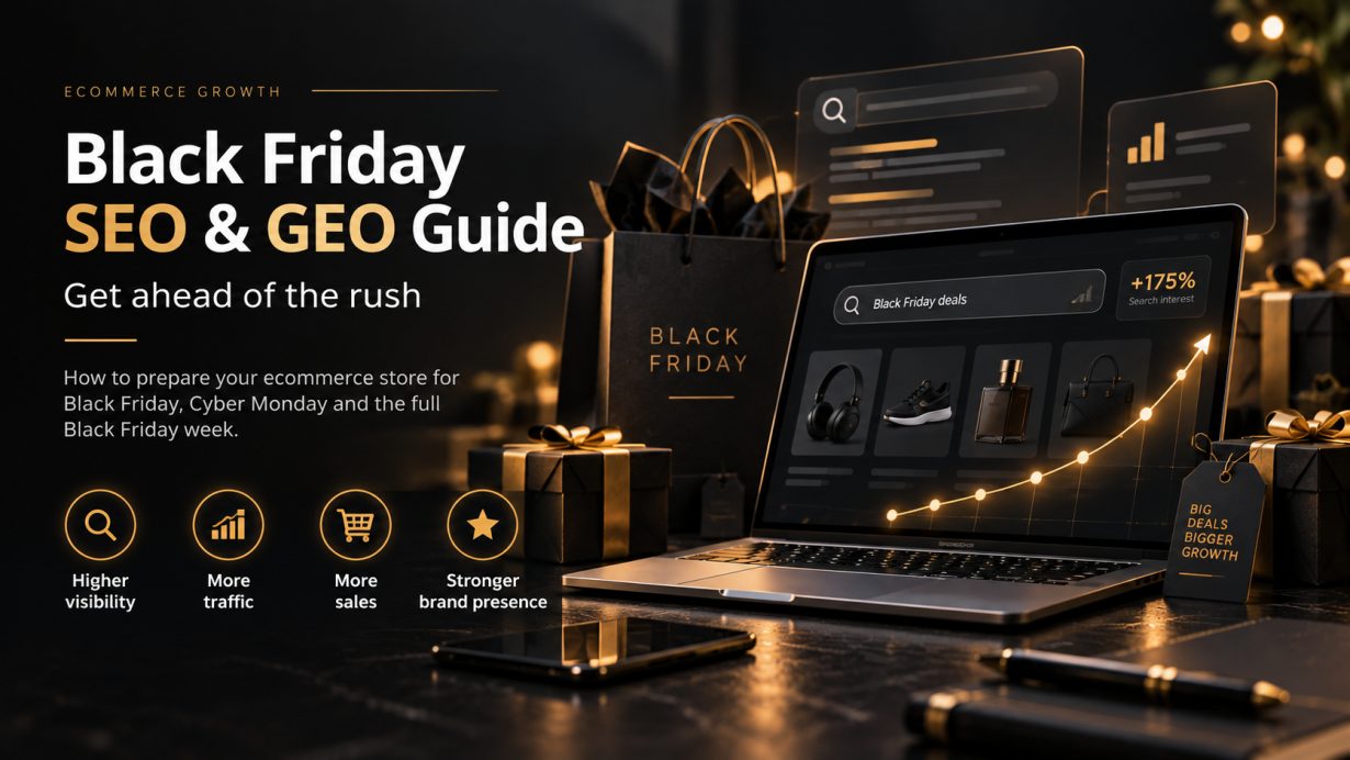 Black Friday ecommerce SEO and GEO planning with search analytics, shopping imagery and a rising demand curve