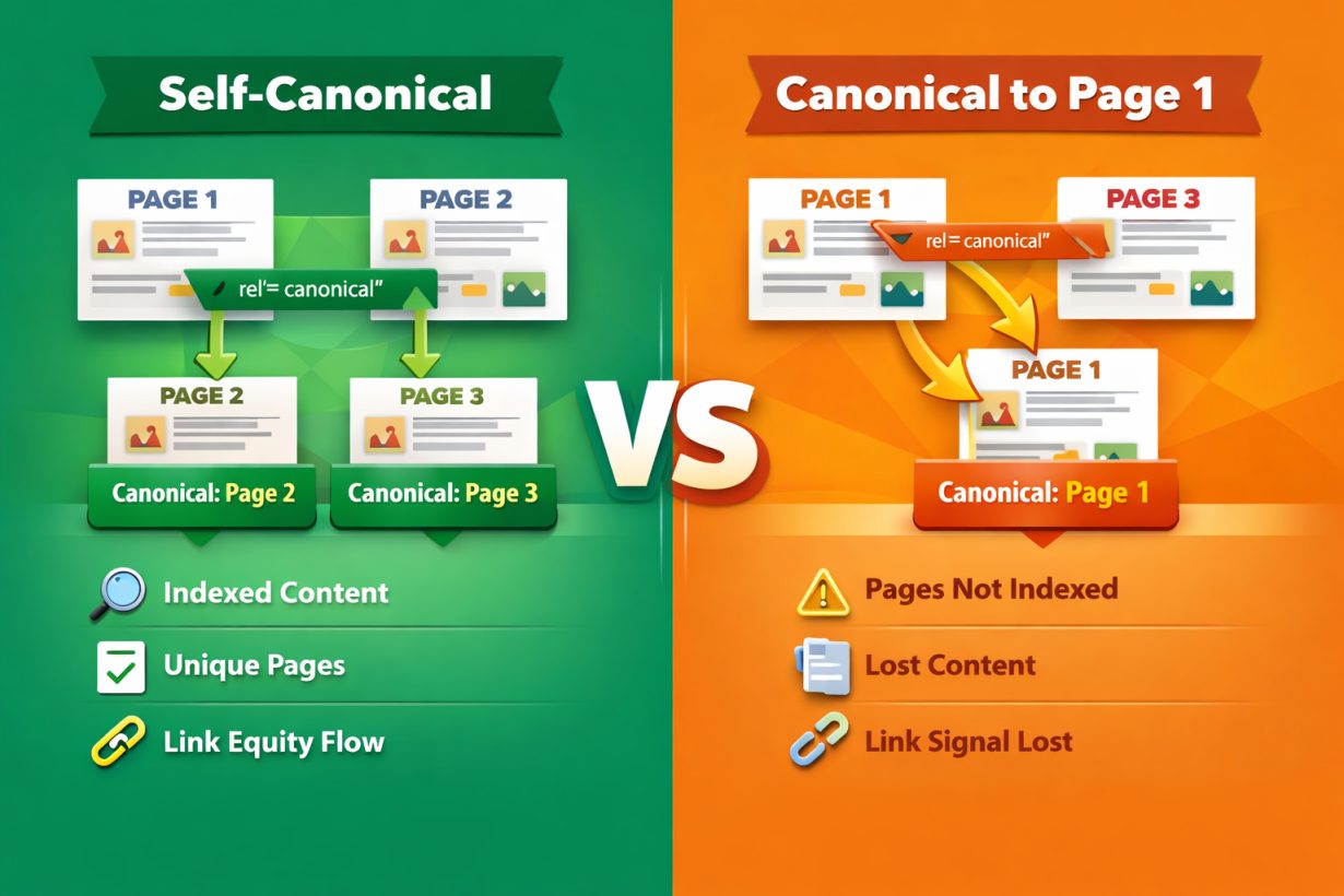 Visual comparison of self-canonical vs canonical-to-page-1 strategy