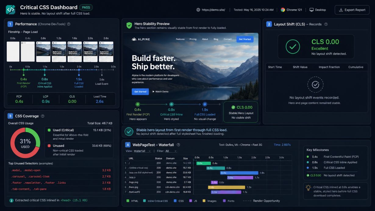 Critical CSS testing dashboard with layout shift events and CSS coverage