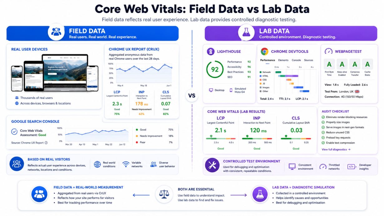 Core Web Vitals field data vs lab data comparison dashboard