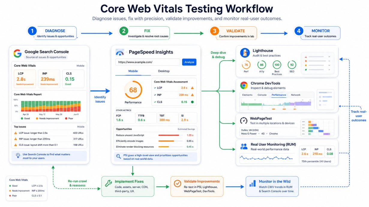 Core Web Vitals testing workflow using Search Console, PageSpeed Insights, Lighthouse, DevTools and WebPageTest