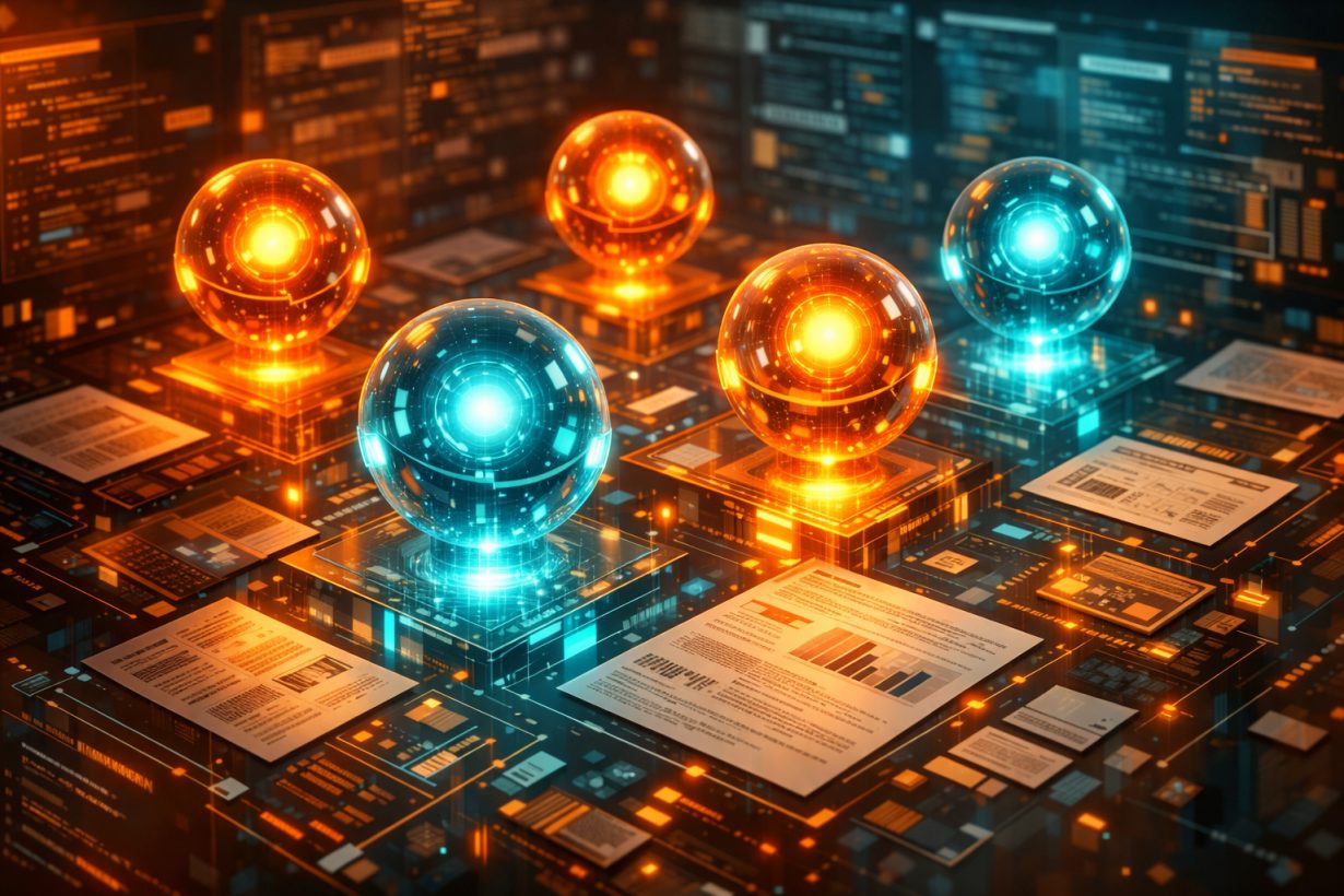 A digital illustration of AI agents represented as glowing orbs collaborating on a complex network of documents and code, symbolizing the new Interactions API.