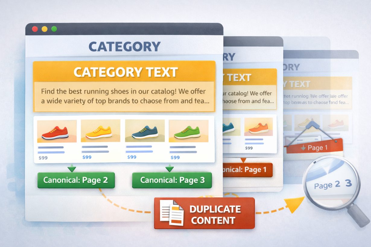 Content overlap illustration showing repeated category text on multiple pages