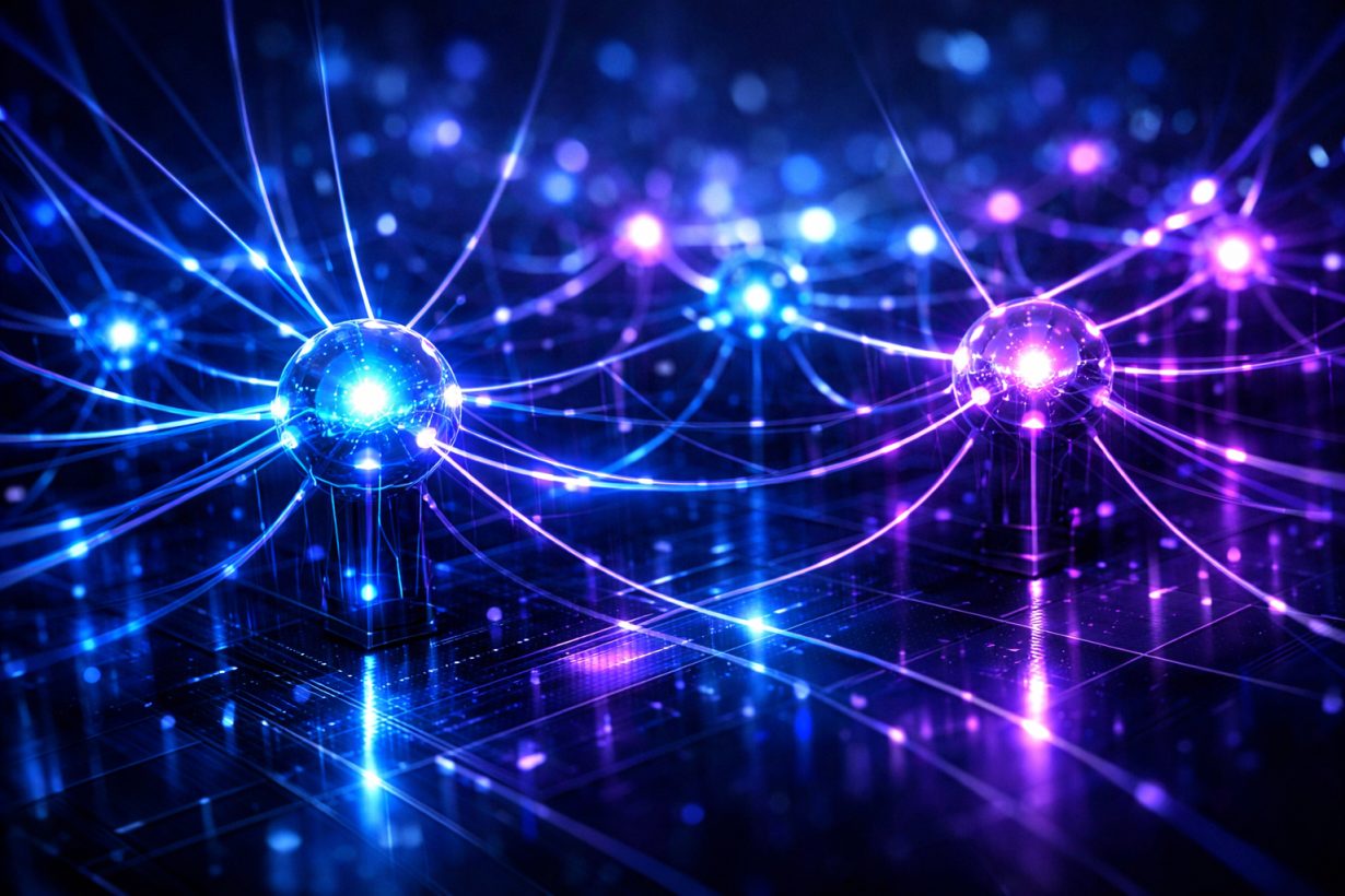 A futuristic, abstract visualization of a neural network glowing with blue and violet light, symbolizing the Gemini 3 AI architecture processing data at lightning speed.