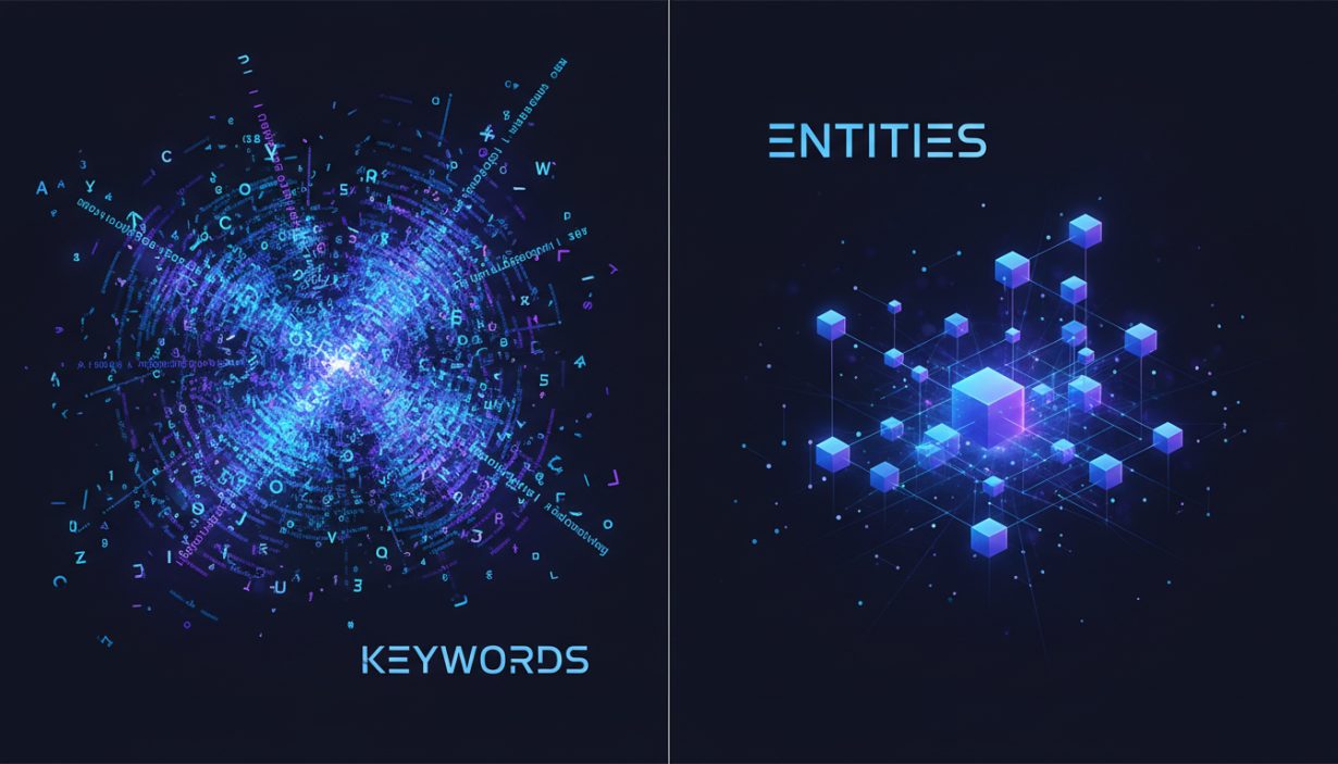 Visual representation of Keywords strings transforming into a 3D Entity knowledge graph