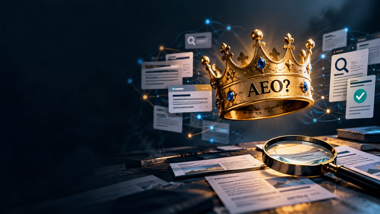 Editorial illustration of a golden AEO crown surrounded by documents and search results