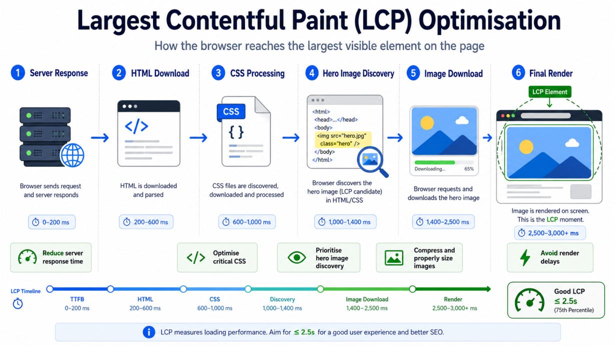 Largest Contentful Paint optimisation diagram showing server, render and hero image stages