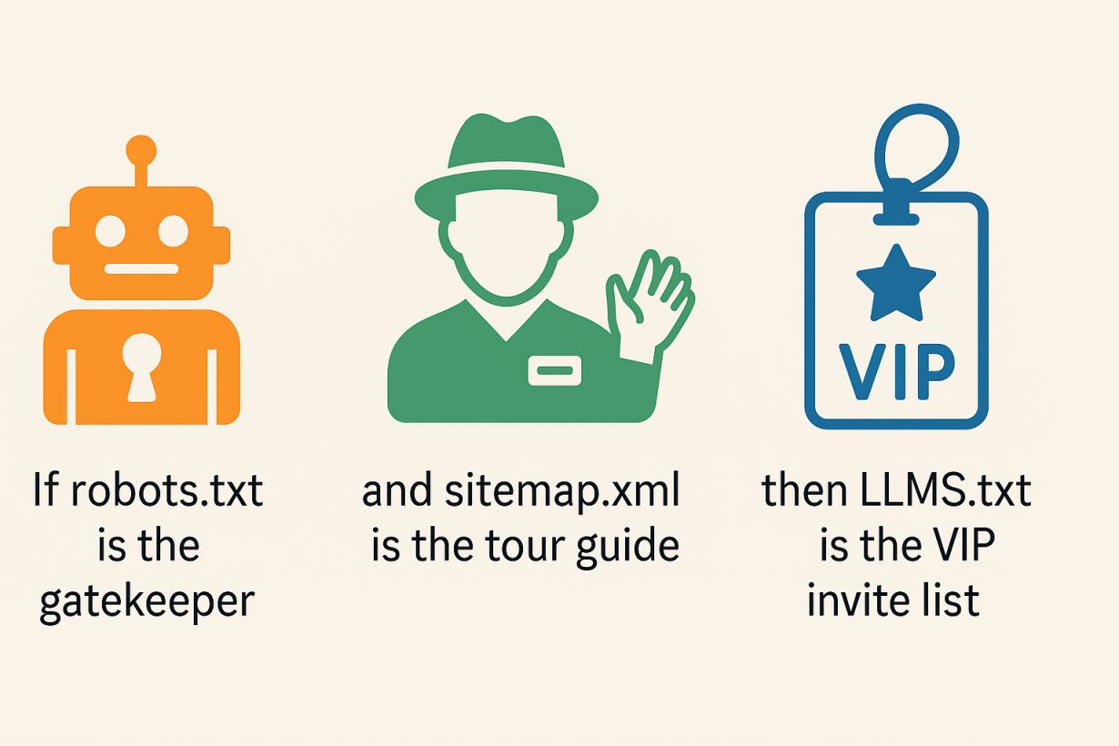 Diagram: If robots.txt is the gatekeeper, sitemap.xml is the tour guide, LLMS.txt is the VIP invite list