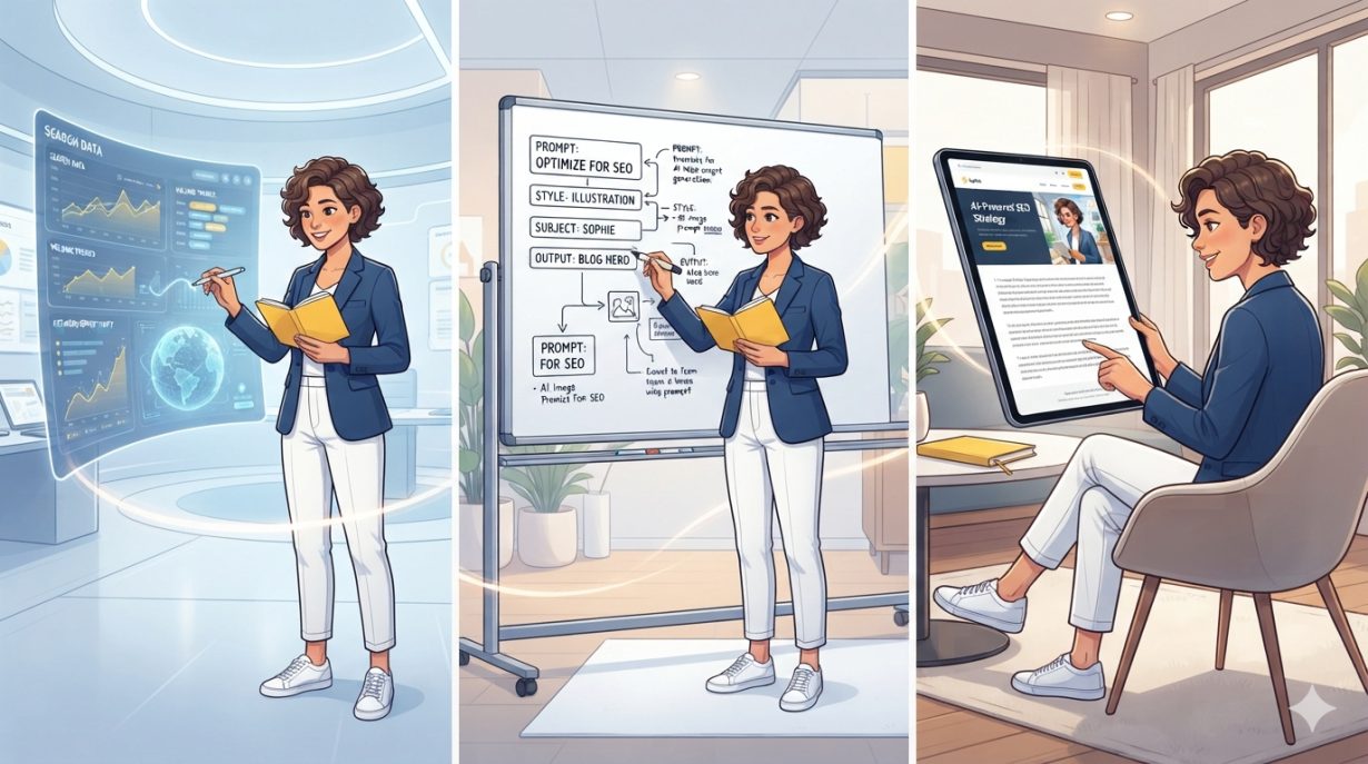 Three-panel campaign character consistency test for an AI image model