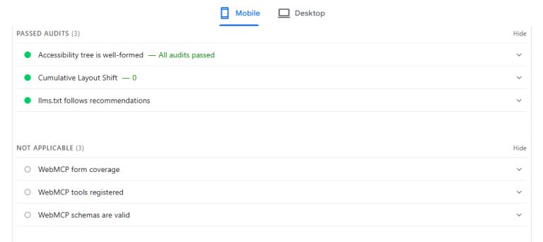 PageSpeed Insights Agentic Browsing audit showing passed checks and WebMCP not applicable checks