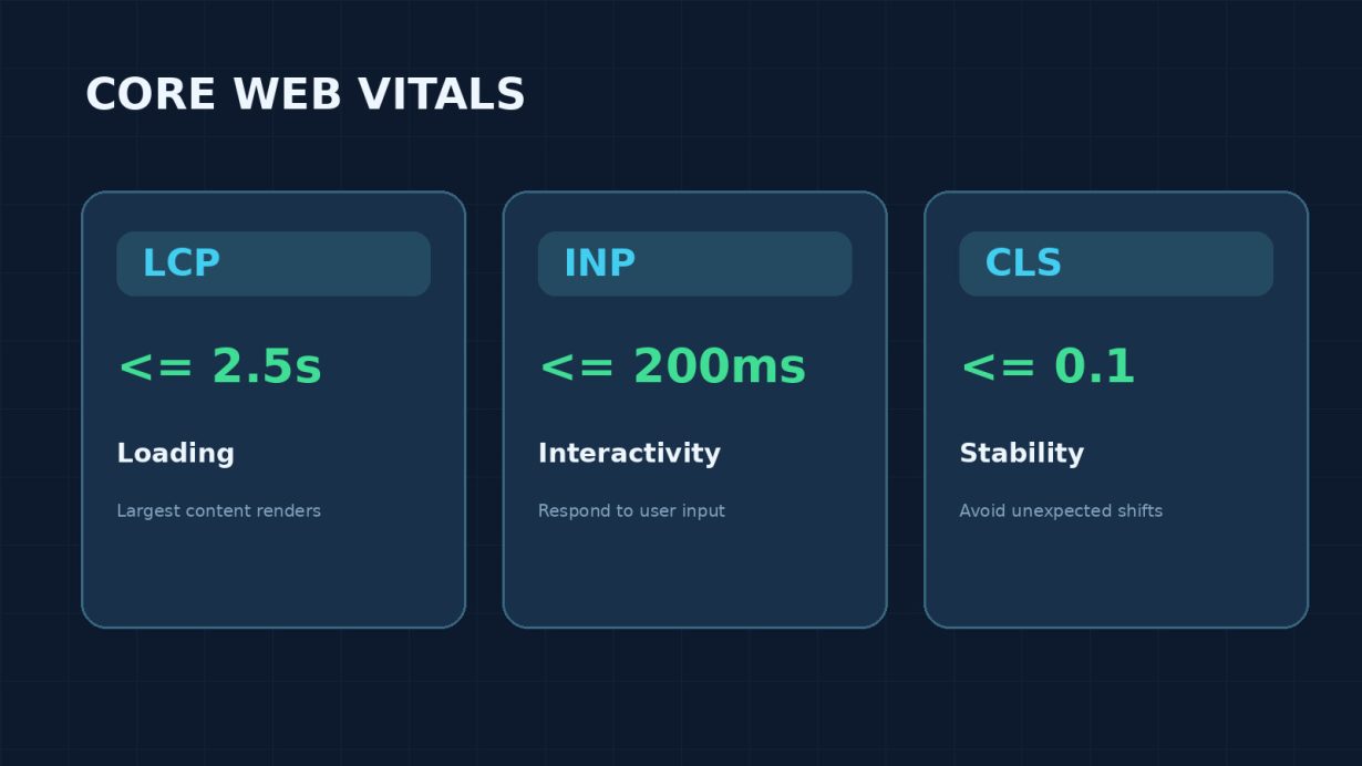 Diagram of good thresholds for Largest Contentful Paint, Interaction to Next Paint and Cumulative Layout Shift
