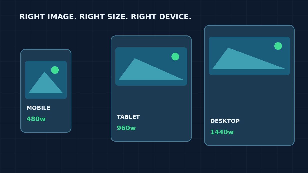 Responsive image illustration showing mobile, tablet and desktop asset selection