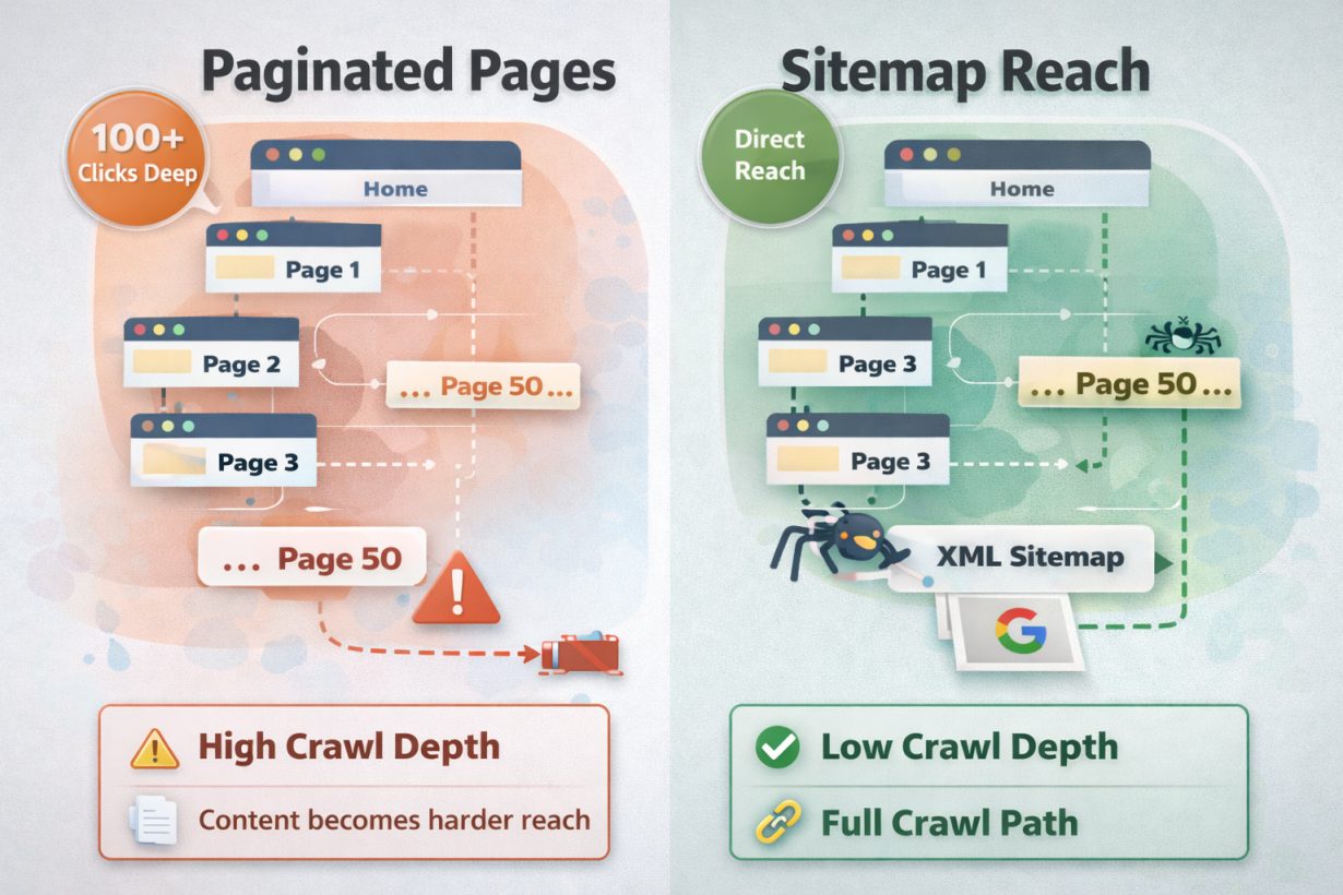 Visual showing crawl depth through paginated pages vs sitemap reach