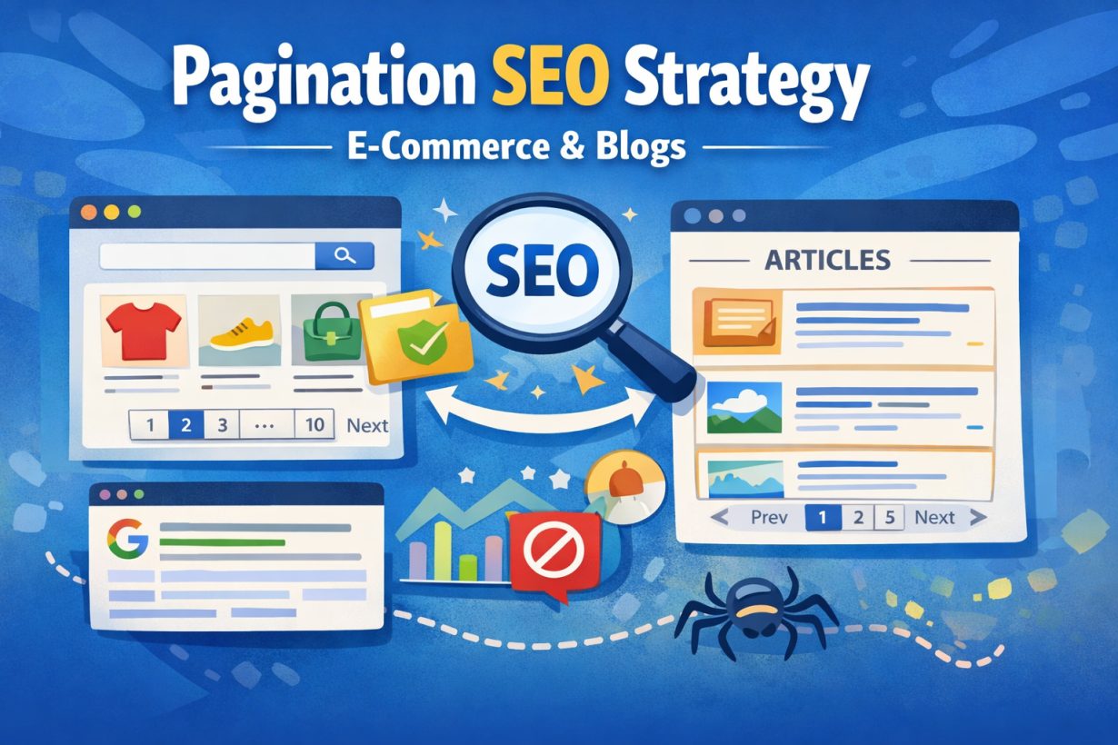 Featured illustration of website pagination with SEO icons