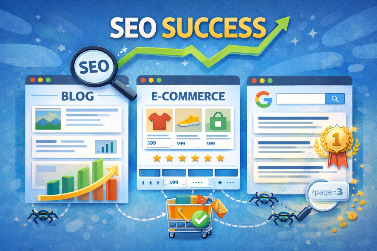 SEO success visual with blog, e-commerce and search results