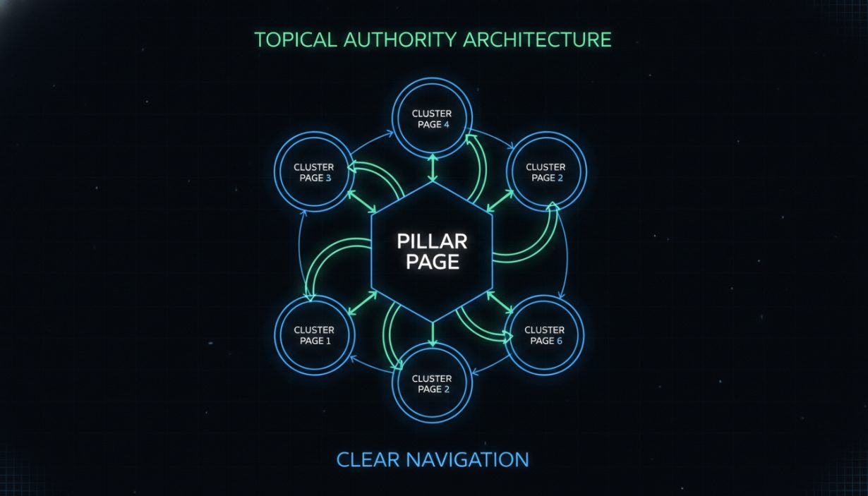 Pillar page architectural layout showcasing the hierarchical relationship between a core topic hub and its supporting cluster content nodes
