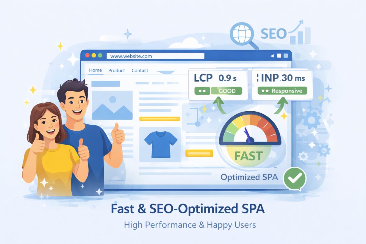 Fast, SEO-friendly single page application success illustration