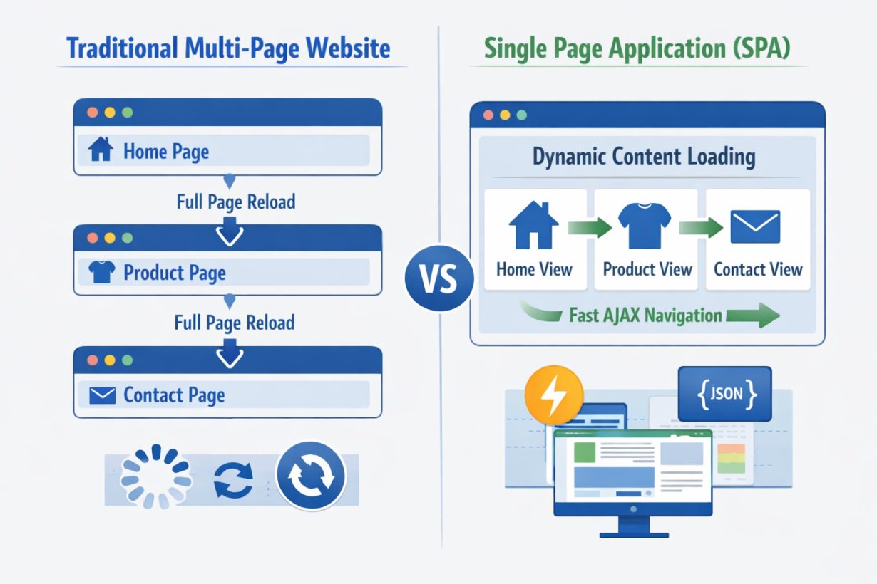 Diagram showing traditional multi-page site vs single page application navigation