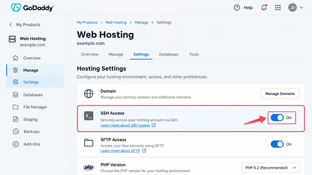 GoDaddy hosting settings showing SSH access enabled
