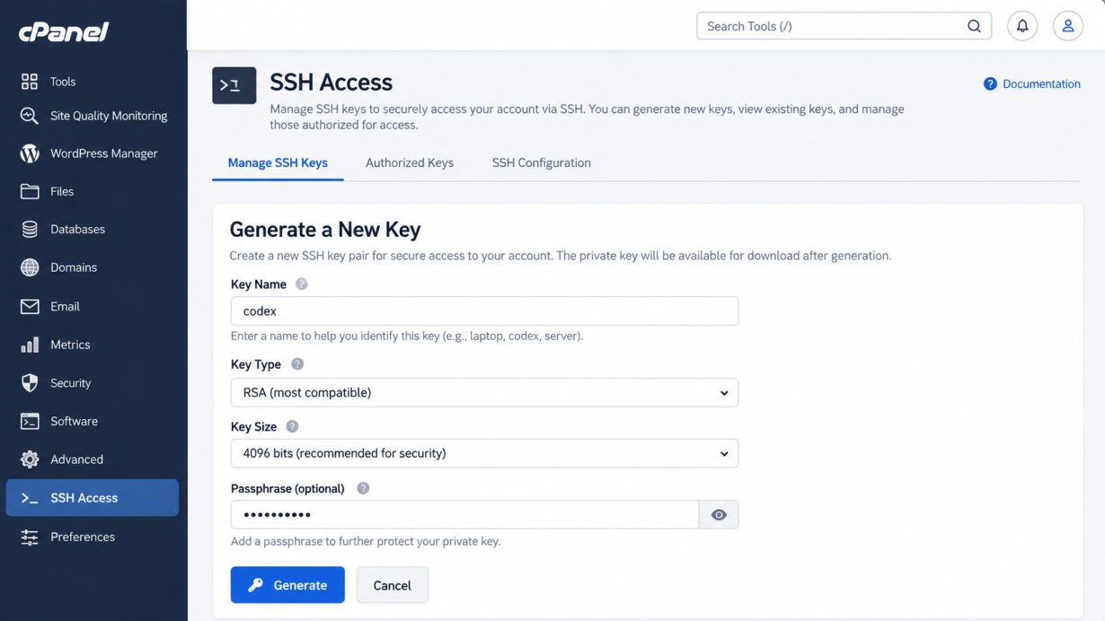 cPanel SSH Access screen generating a dedicated Codex key