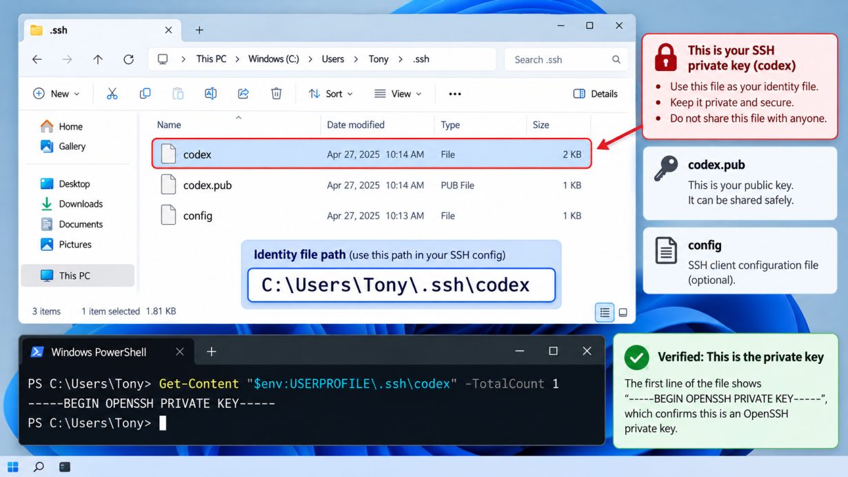 Windows SSH folder showing the Codex private key and identity file path
