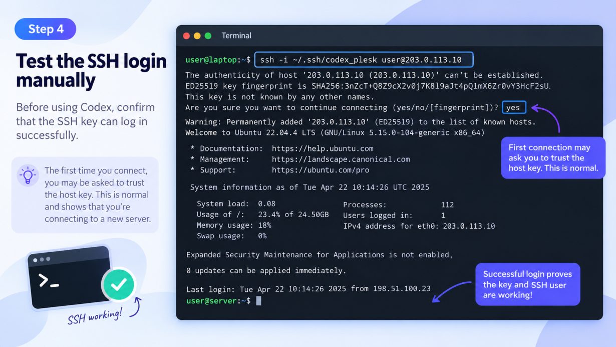 Terminal showing a successful SSH login using the new key