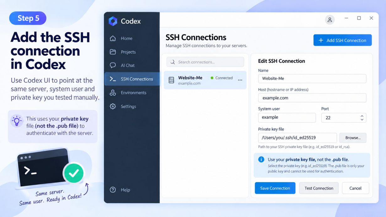 Codex UI showing an SSH connection being configured