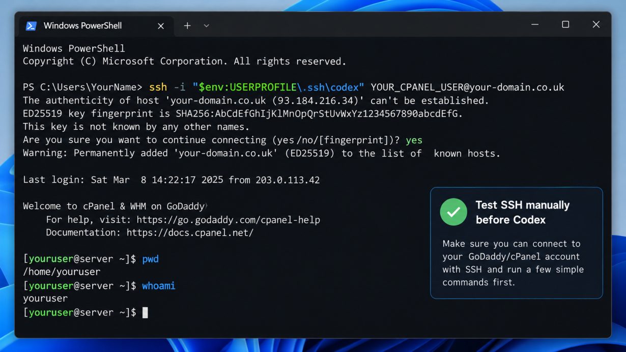 PowerShell showing a successful SSH login to a cPanel account