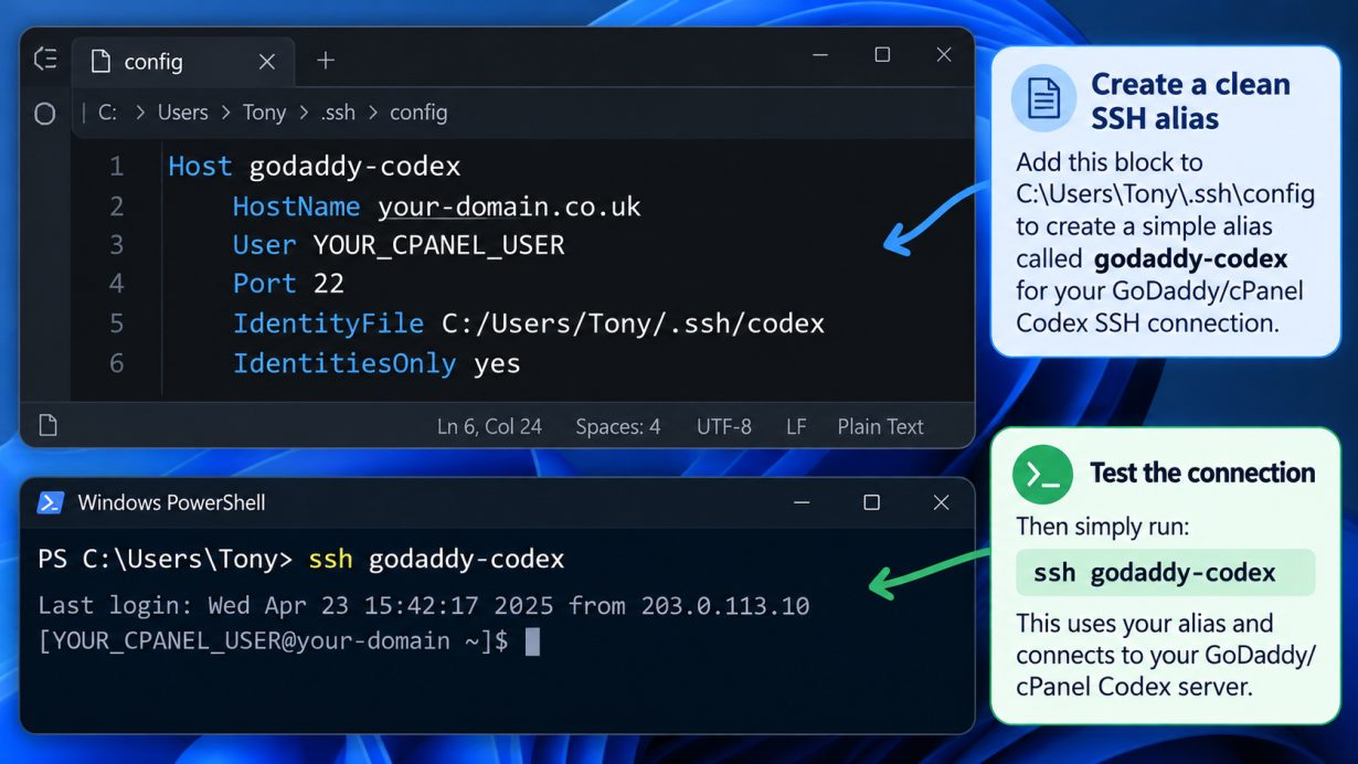 Windows SSH config containing a dedicated GoDaddy Codex host alias