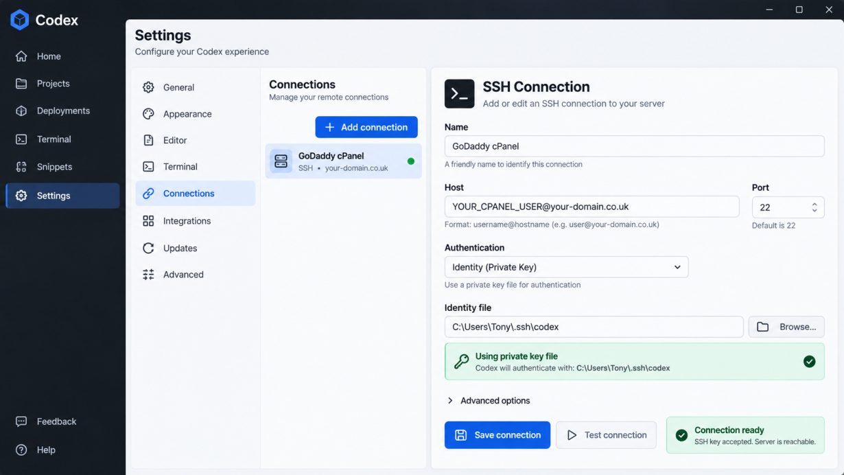 Codex connection settings using Identity authentication and the cPanel private key