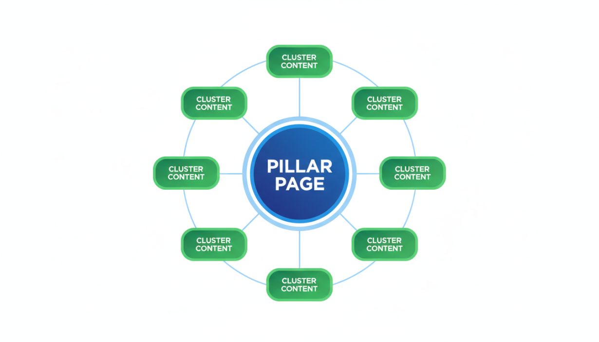 Visual representation of a topic cluster model showing a central pillar page connected to multiple satellite cluster pages