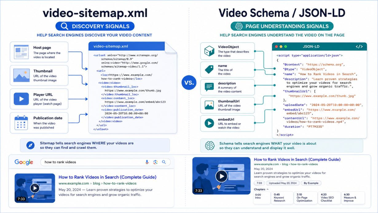 Comparison of video-sitemap.xml and VideoObject schema signals