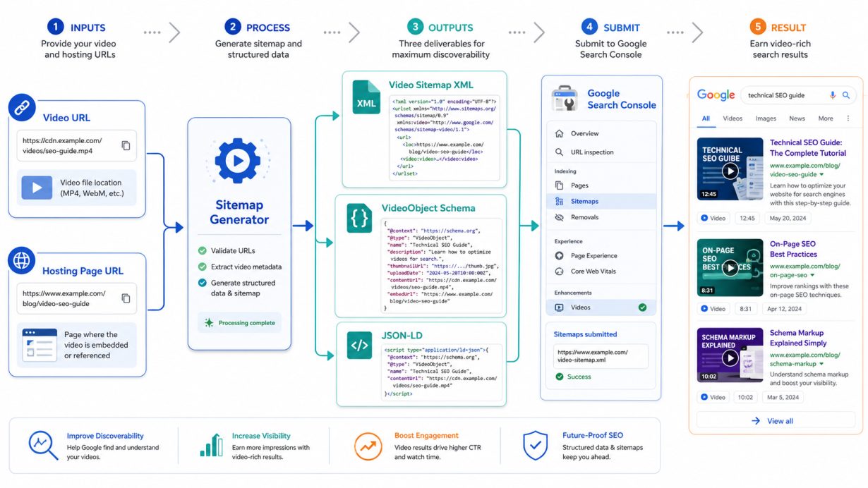 Video sitemap XML workflow from video URL to Google video results