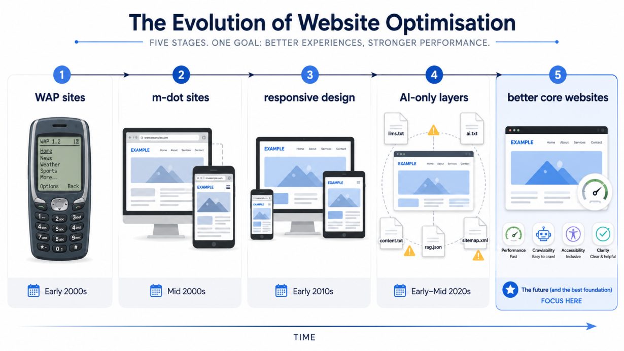 Timeline from WAP sites and m-dot sites to responsive design and AI-friendly website layers