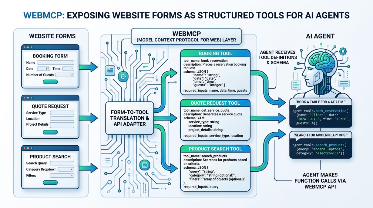 WebMCP concept diagram showing website forms exposed as AI agent tools